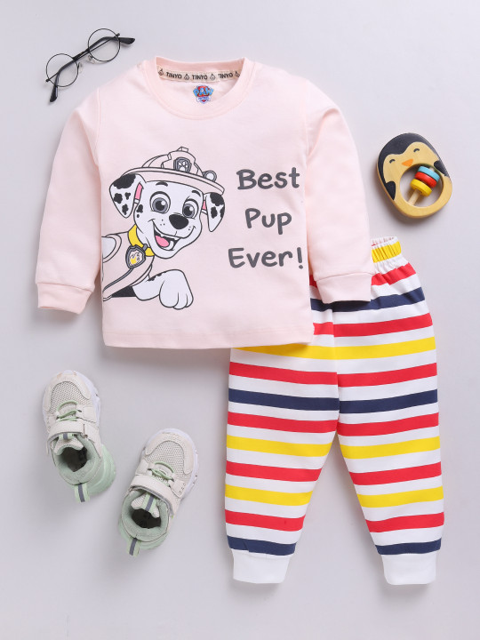 Tinyo Paw Patrol Printed Pure Cotton T-shirt With Joggers For Infant Boys (Peach, Pack Of 1)
