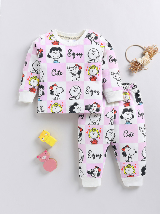 Tinyo Infants Girls Peanuts Printed Pure Cotton T-shirt and Joggers Set (Mauve & White, Pack of 2)