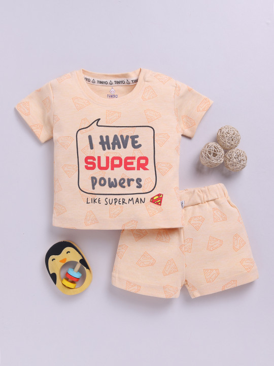 Tinyo Infant Boys Superman Printed Pure Cotton T-shirt with Shorts (Cream, Pack of 1)