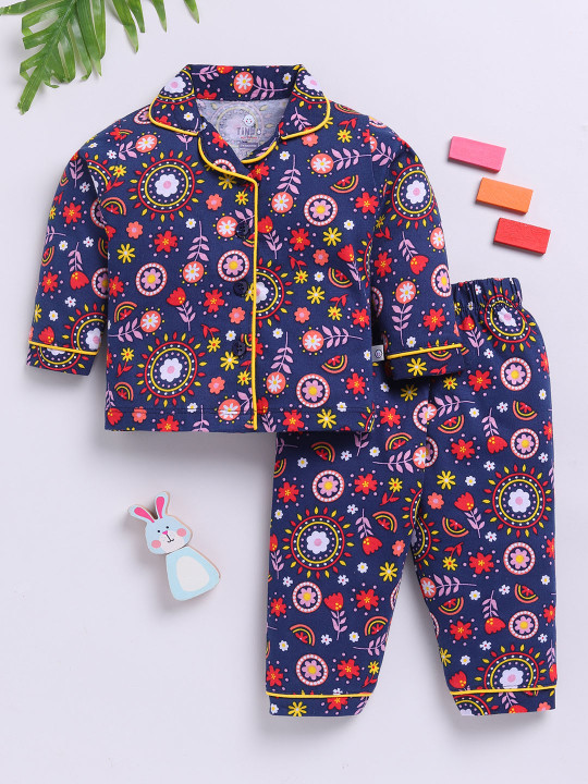 Tinyo Infant Girls Graphic Printed Cotton Night Suit (Navy, Pack of 1)