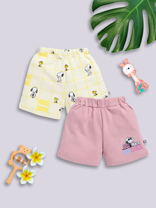 Tinyo Snoopy Printed Pure Cotton Shorts For Infant Boys (Pink & Yellow, Pack Of 2)