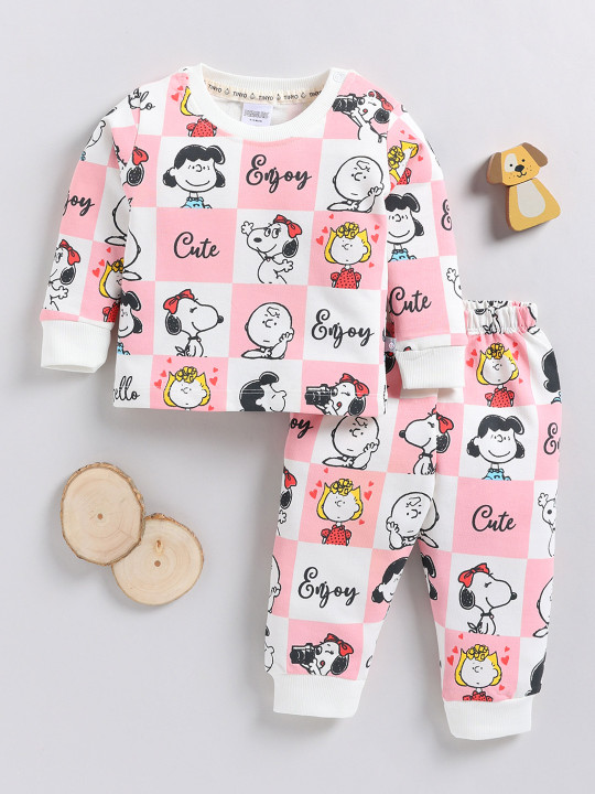 Tinyo Peanuts Printed Pure Cotton T-shirt with Joggers Clothing Set for Infant Girls (Pink & White, Pack of 2)