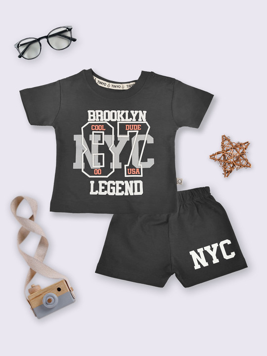 Tinyo Infant Boys Printed Cotton T-shirt with Shorts (Black, Pack of 1)