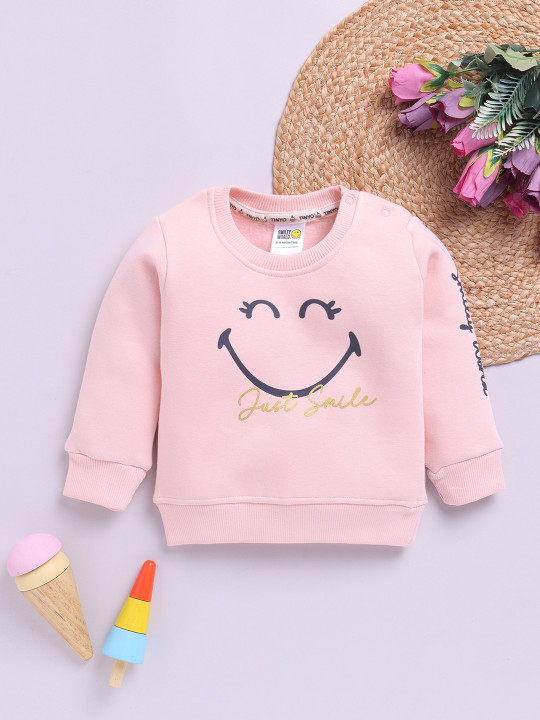 Tinyo Infant Girls Smiley Printed Full Sleeves Fleece Sweatshirt (Peach, Pack Of 1)