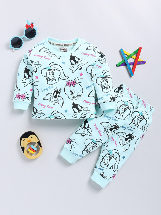Tinyo Looney Tunes Printed Pure Cotton T-shirt With Joggers For Infant Girls (Blue, Pack Of 1)