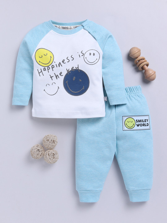 Tinyo Smiley World Printed Pure Cotton T-shirt With Joggers Clothing Set For Infant Boys (Blue & White, Pack Of 1)