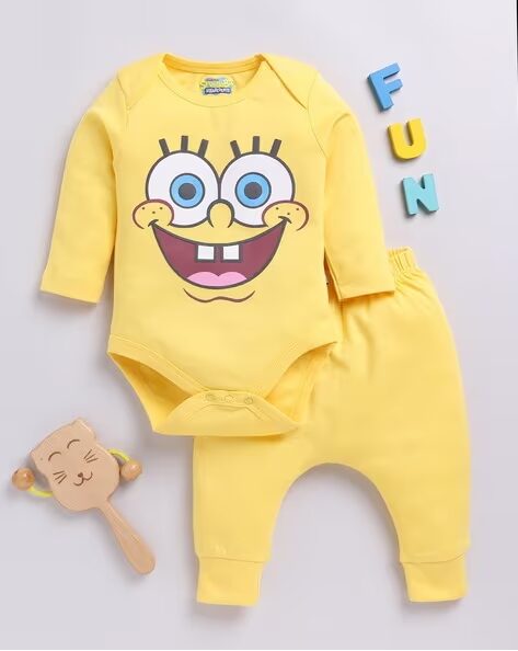 Tinyo Infants Spongebob Print Cotton Bodysuit With Joggers (Yellow, Pack Of 1)