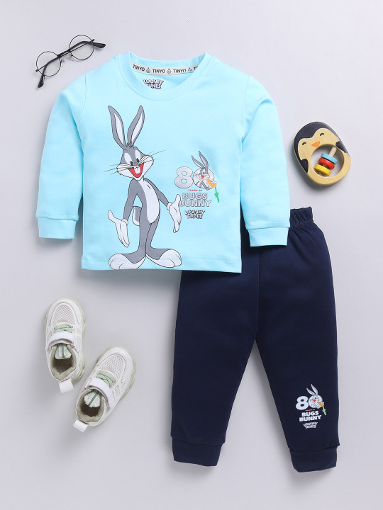 Tinyo Bugs Bunny Printed Pure Cotton T-shirt With Joggers For Infant Boys (Blue,Pack Of 1)