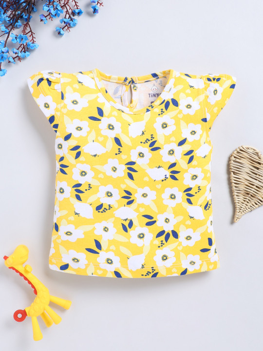 Tinyo Floral Printed Cotton Top For Girls (Yellow, Pack Of 1)