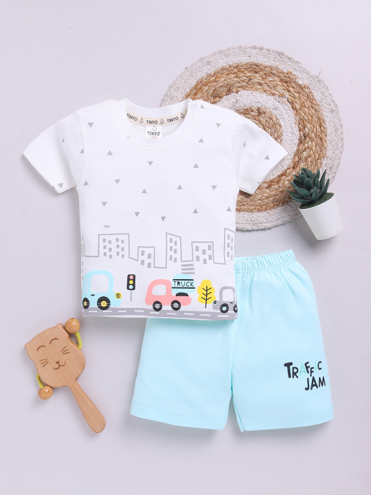 Tinyo Printed Pure Cotton Top with Shorts for Infant Boys (White & Turquoise Blue, Pack Of 1)
