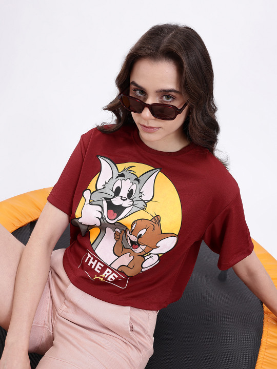 Minute Mirth Women Tom & Jerry Graphic Printed Boxy Fit Top (Maroon, Pack of 1)