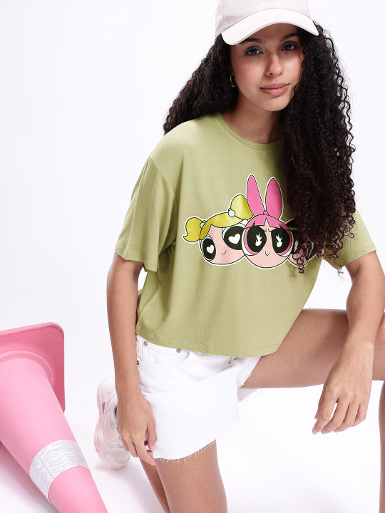 Minute Mirth Women Viscose Rayon Powerpuff Girls Printed Boxy T-shirt (Olive Green, Pack Of 1)