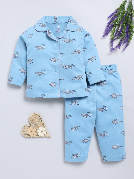 Tinyo Infant Girls DINO WORLD Printed Shirt and Pyjamas Pure Cotton Night Suit (Sky Blue, Pack of 1)