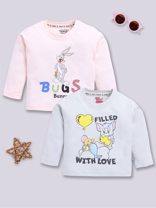 Tinyo Tom & Jerry Printed Cotton T-shirt Set For Infant Boys (Assorted, Pack Of 2)