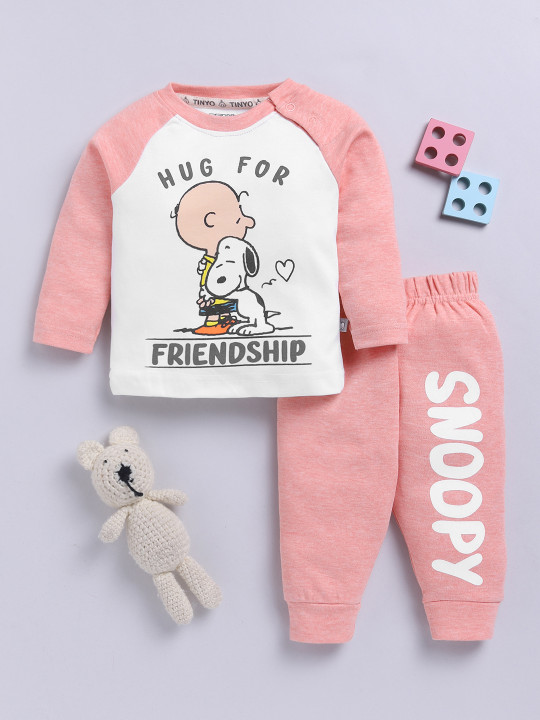 Tinyo Peanuts Printed Pure Cotton T-shirt With Joggers Clothing Set For Infant Boys (Coral & White, Pack Of 1)