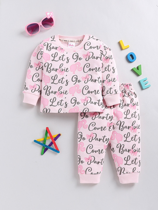 Tinyo Barbie Printed Pure Cotton T-shirt with Joggers Clothing Set for Infant Girls (Pink & White, Pack of 2)
