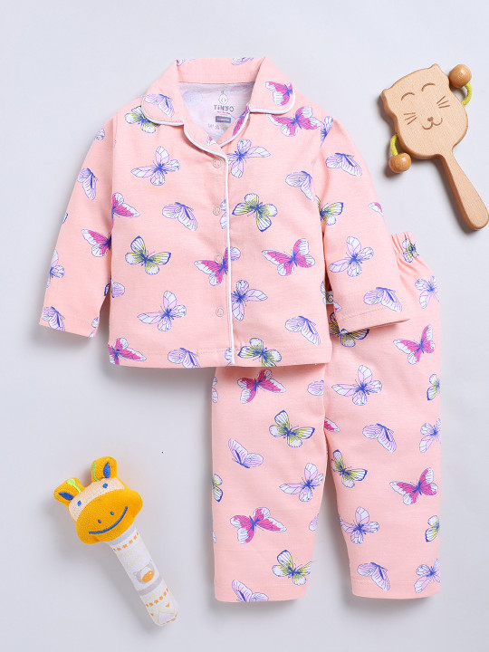 Tinyo Infant Girls Printed Shirt and Pyjamas Pure Cotton Night Suit (Peach, Pack of 1)