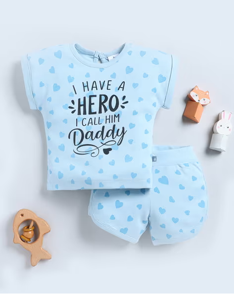 Tinyo Heart Printed Pure Cotton T-shirt with Shorts Set For Infant Girls (Baby Blue, Pack Of 1)
