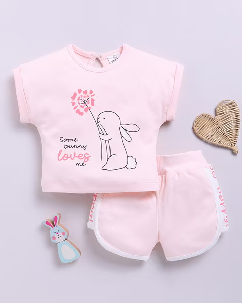 Tinyo Graphic Print 100% Cotton T-shirt & Shorts Set for Infant Girls (Salmon, Pack Of 1)