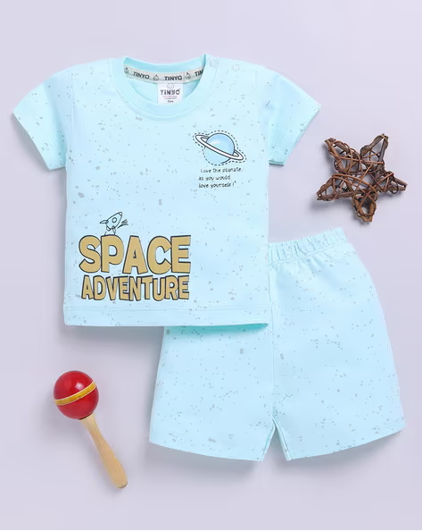 Tinyo Typographic Print 100% Cotton T-shirt & Shorts Set for Infant Boys (Yucca Green, Pack Of 1)