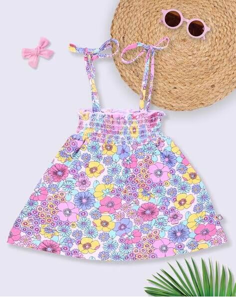 Tinyo Floral Print Smocked Strappy Fit & Flare Dress For Infant Girls (Multi Colour, Pack Of 1)