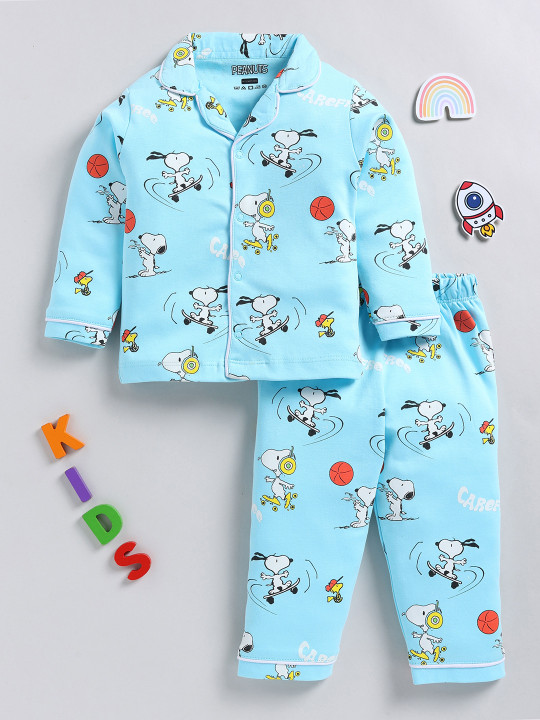 Tinyo Snoopy Printed Pure Cotton Night Suit For Infant Girls (Blue, Pack Of 1)