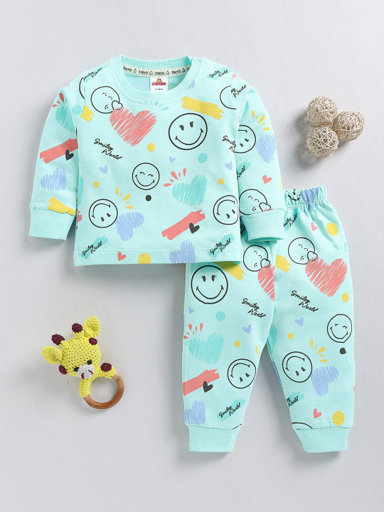 Tinyo Smiley World Printed Pure Cotton T-shirt with Joggers Clothing Set for Infant Girls (Assorted, Pack of 2)