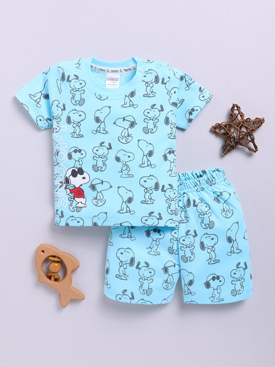 Tinyo Peanuts Printed Pure Cotton T-shirt With Shorts For Infant Boys (Aqua, Pack Of 1)