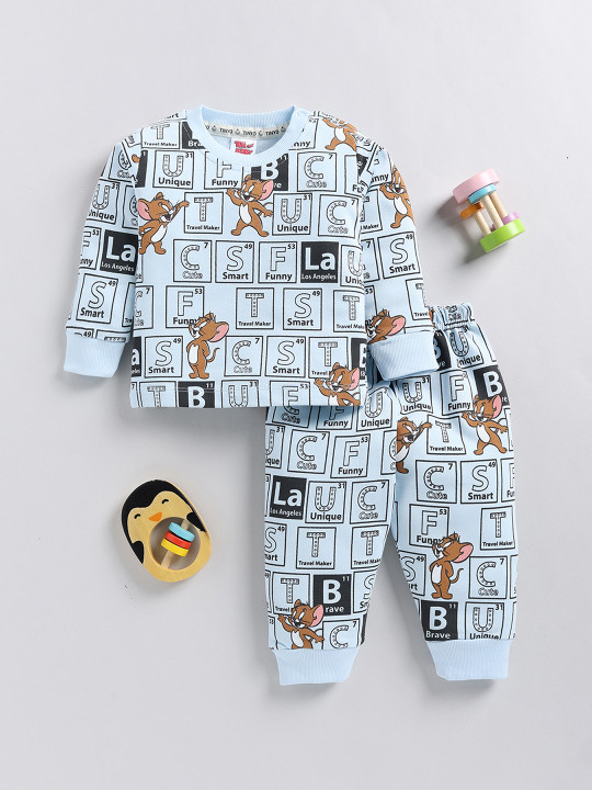 Tinyo Infants Boys Tom and Jerry Printed Pure Cotton T-shirt and Jogger (Blue, Pack of 1)