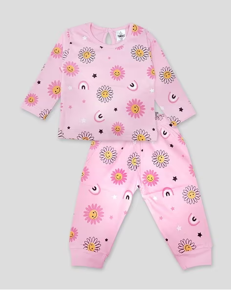 Tinyo Girls Printed Cotton T-Shirt With Joggers (Pink, Pack Of 1)