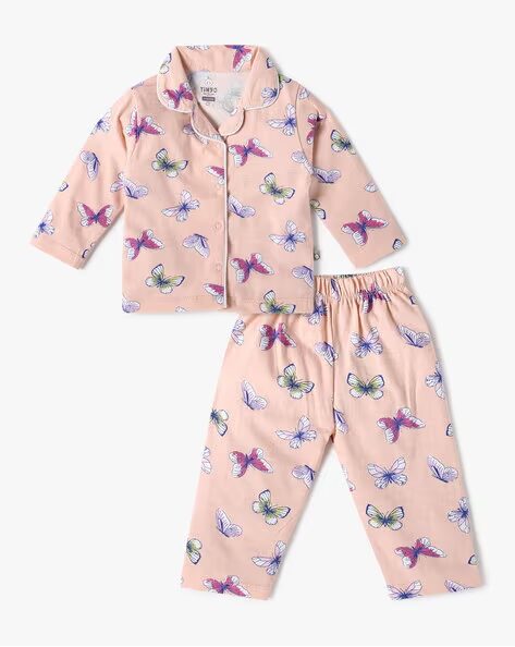 Tinyo Butterfly Printed Pure Cotton Shirt With Pyjamas For Infants (Peach,Pack Of 1)