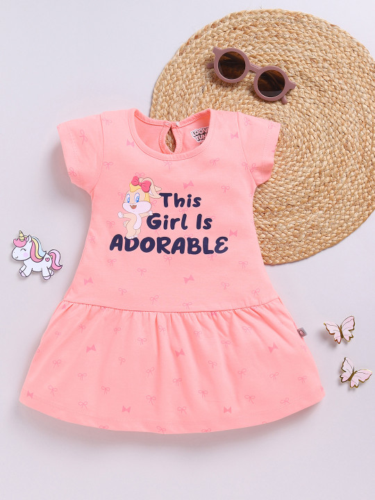 Tinyo Infant Girls Lola Printed Pure Cotton A-Line Dress (Peach, Pack Of 1)