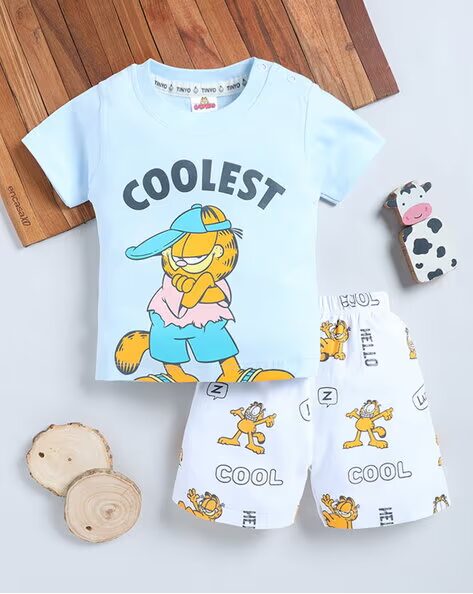 Tinyo Garfield Printed Pure Cotton T-shirt For Infant Boys (Blue, Pack Of 1)