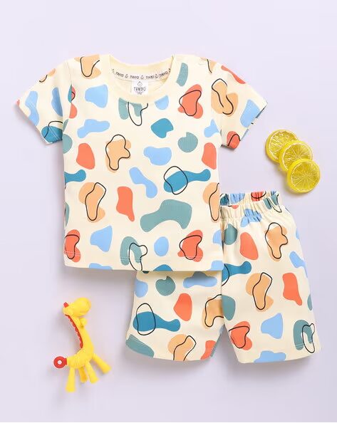 Tinyo Printed Pure Cotton T-shirt with Shorts Set For Infant Boys (Butter, Pack Of 1)