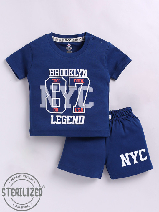 Tinyo Infant Boys Printed Cotton T-shirt with Shorts (Navy Blue, Pack of 1)