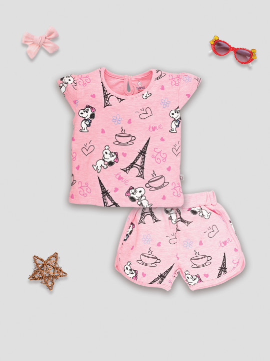 Tinyo Infant Girls Peanuts Printed Pure Cotton Top with Shorts (Pink, Pack of 1)