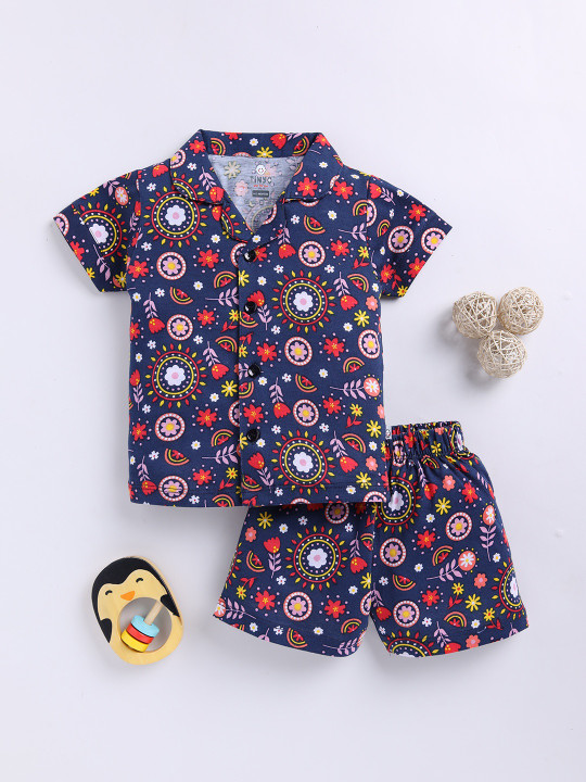 Tinyo Boys Printed Pure Cotton Shirt with Shorts (Navy Blue, Pack of 1)