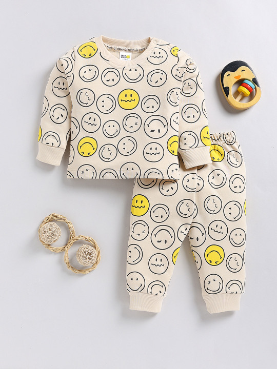 Tinyo Smiley World Printed Pure Cotton T-shirt with Joggers Clothing Set for Infant Girls (Beige, Pack of 2)