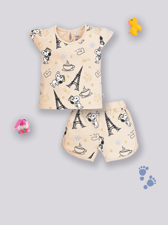 Tinyo Infant Girls Peanuts Printed Pure Cotton Top with Shorts (Beige, Pack of 1)