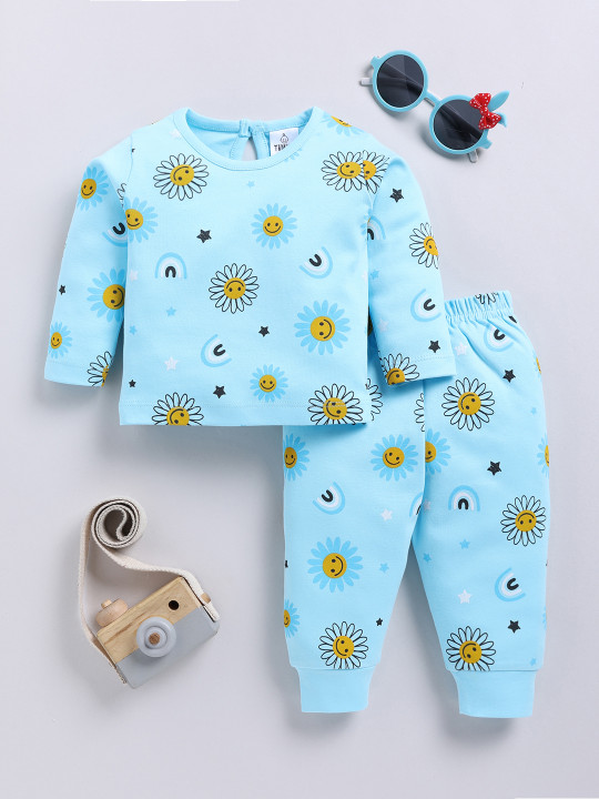 Tinyo Printed Pure Cotton Top With Trousers Clothing Set For Infant Girls (Multicolour, Pack Of 1)