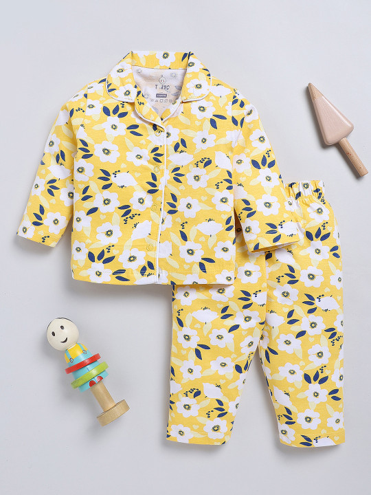 Tinyo Infant Girls Floral Printed Night Suit (Mustard, Pack of 1)