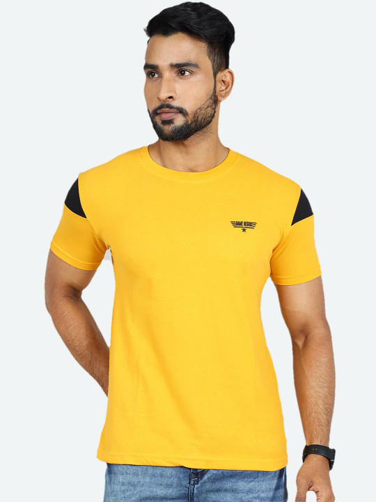 GAME BEGINS Men Solid Pure Cotton Round Neck T-shirt (Yellow & Black, Pack of 1)