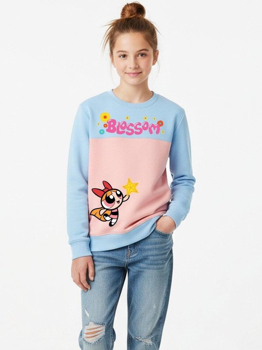 Minute Mirth Girls Powerpuff Fleece Printed Sweatshirt (Peach, Pack Of 1)