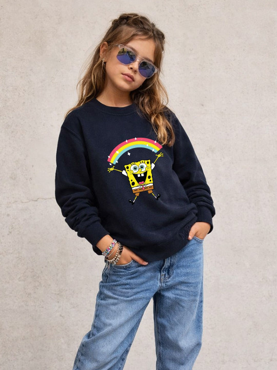 Minute Mirth Girl’s Spongebob Printed Fleece Sweatshirt (Navy Blue, Pack Of 1)