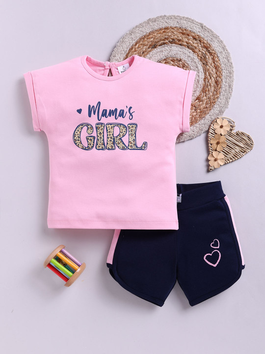 Tinyo Printed Pure Cotton T-Shirt & Shorts Set For Girls (Pink, Pack Of 1)