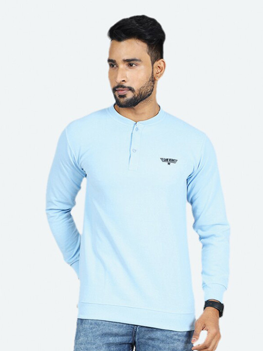 GAME BEGINS Men Solid Henley Neck Long Sleeve Pure Cotton T-Shirt (Blue, Pack of 1)