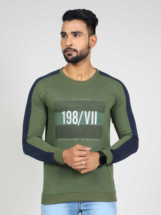 GAME BEGINS Men Round Neck Printed Fleece Pullover Sweatshirt (Olive, Pack of 1)