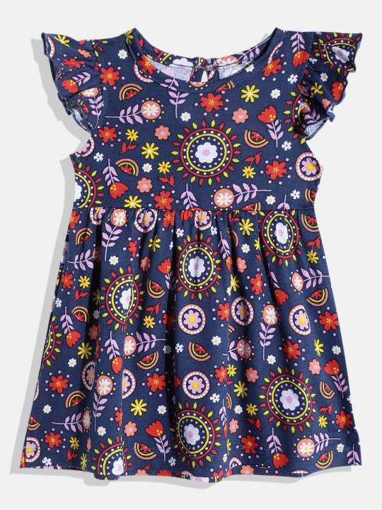 Girls Floral Print Cotton Fit & Flare Dress (Navy Blue, Pack Of 1)