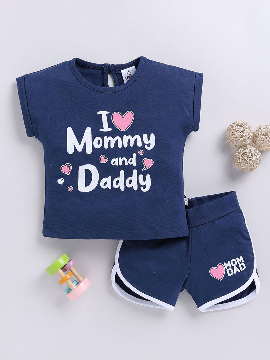Tinyo Infant Girls Typography Printed Pure Cotton Top & Shorts Set (Navy Blue, Pack Of 1)