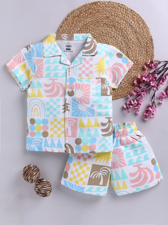 Tinyo Boys Conversational Print Pure Cotton Shirt & Shorts Set (White, Pink & Blue, Pack Of 1)